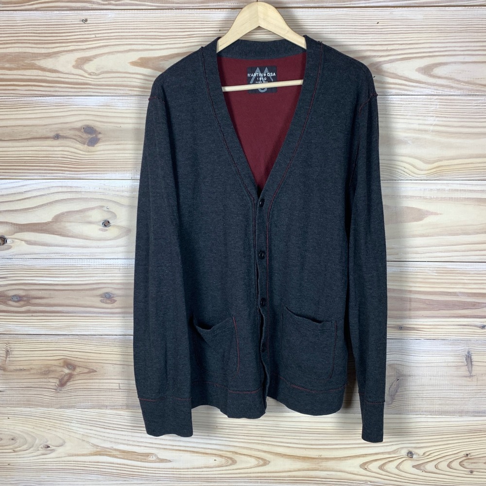 Martin + Osa Cardigan Mens L Gray Cotton V-Neck Red Stitch Pockets Sweater
